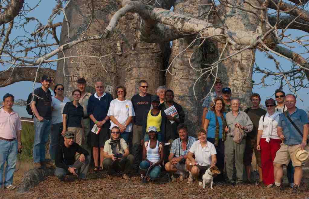  Angola Field Group Members gather together in front of a baobob tree during the August 2 field trip to the Miradouro da Lua (the Lunar Landscape).